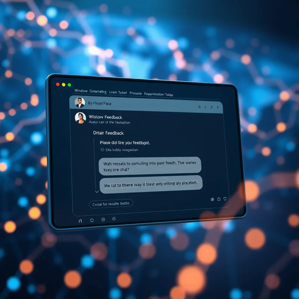 A photorealistic illustration of a website interface with a chat window displaying a visitor's feedback. The feedback is being analyzed by a data visualization tool that presents key insights in real-time. The background should show a digital world with glowing data streams, symbolizing the dynamic and insightful nature of real-time communication.